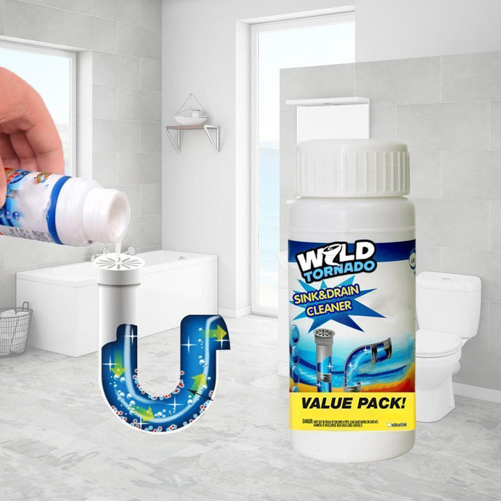 Drainage solution: a bottle of Universal Drain Clog Remover & Cleaner, clear packaging