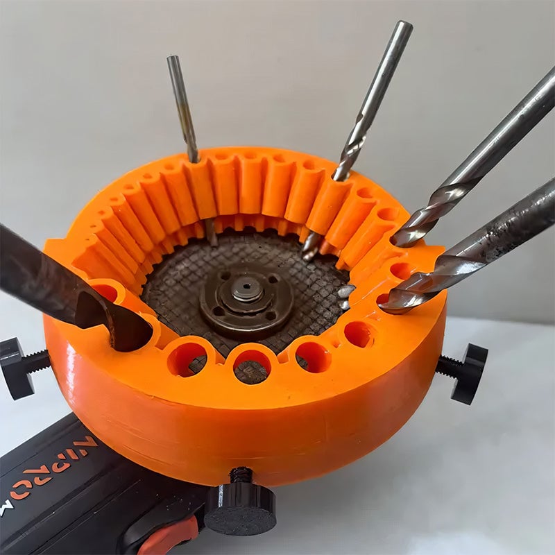 Close-up of universal drill bit sharpener tool, showing grinding wheel for 2-13mm bits