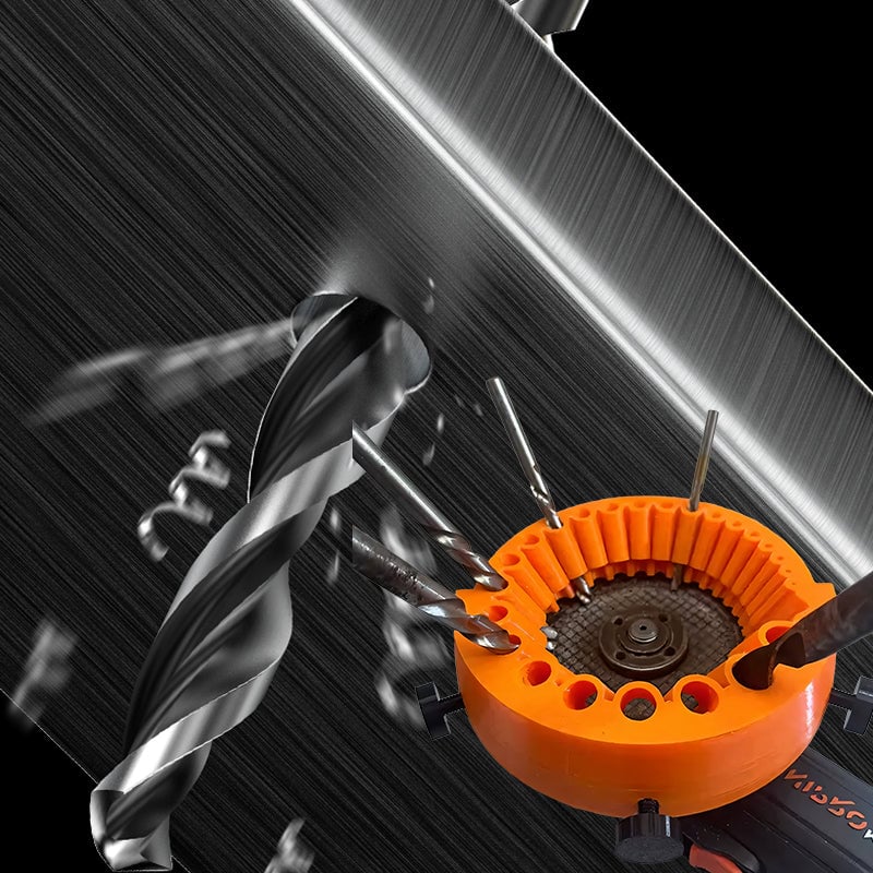 Universal drill bit sharpener tool with various drill bits (2-13mm) arrayed next to it