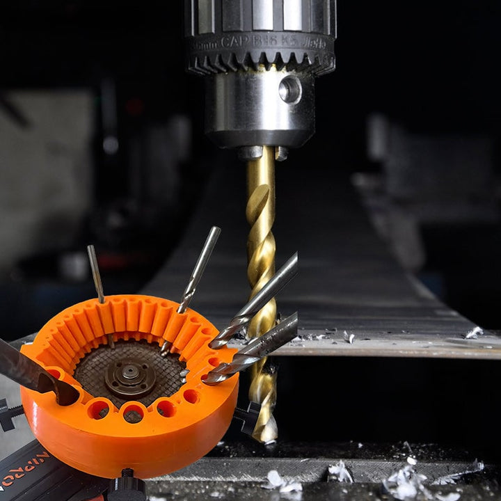 Universal drill bit sharpener tool attached to a power drill, demonstrating use as accessory