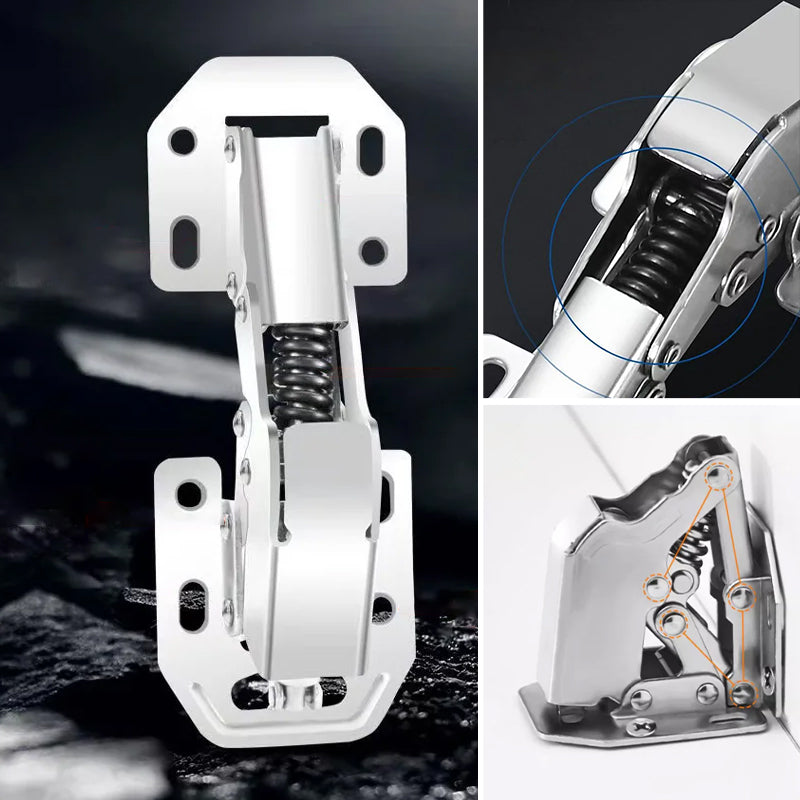 Side view of a universal drill-free cabinet door hinge, showcasing compact design and strength