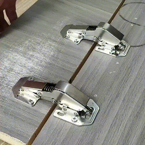 Universal drill-free cabinet door hinge, demonstrating the simple, tool-free installation process