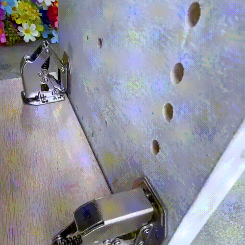 Before and after, showcasing universal drill-free hinges improving saggy cabinet door alignment