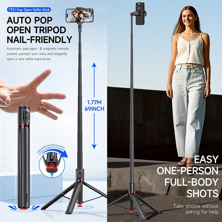 Universal extendable Bluetooth selfie stick tripod for smartphones, compact & portable travel accessory