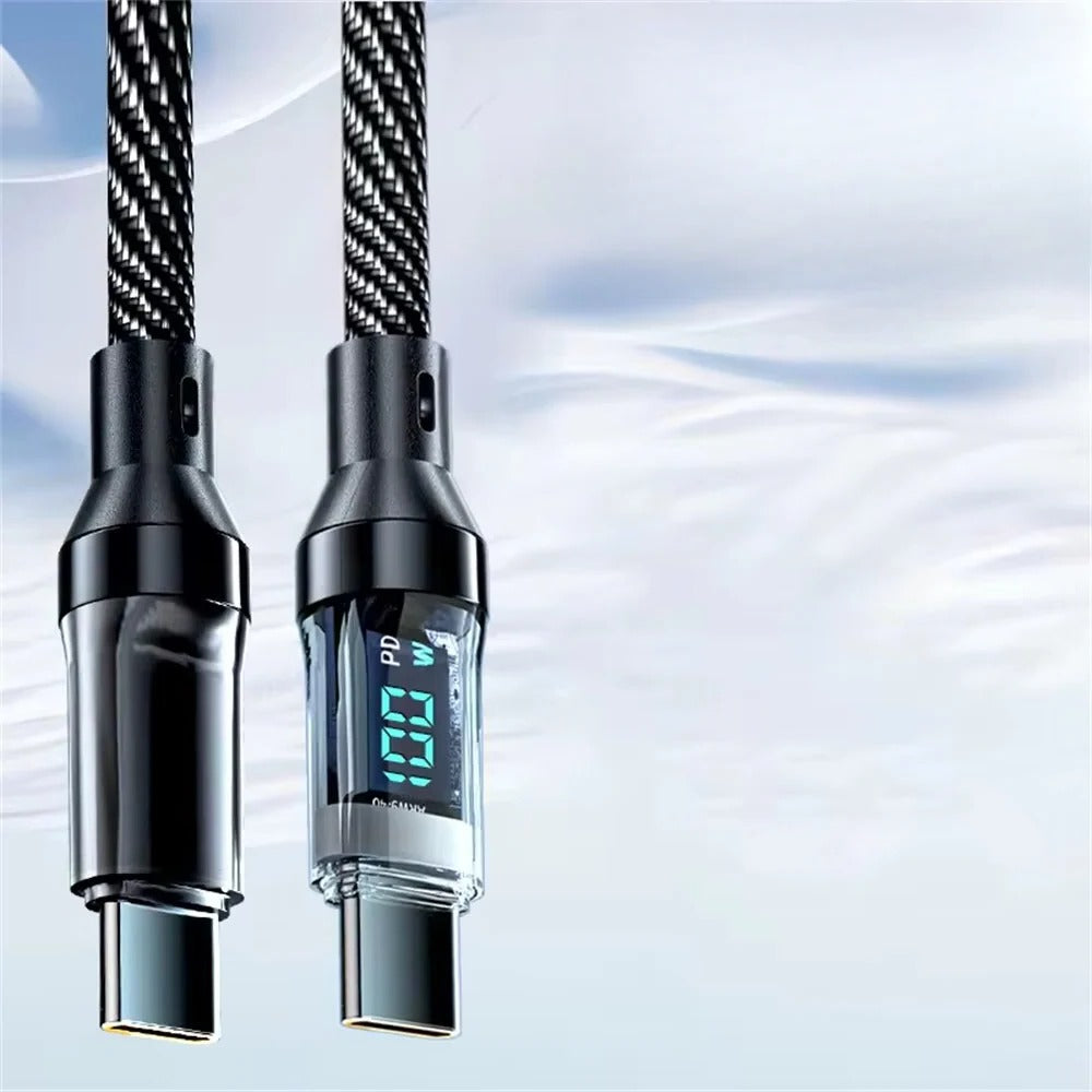 Universal fast charging cable with LED power display for USB-C/A devices, ensuring smart, durable phone & laptop charging.