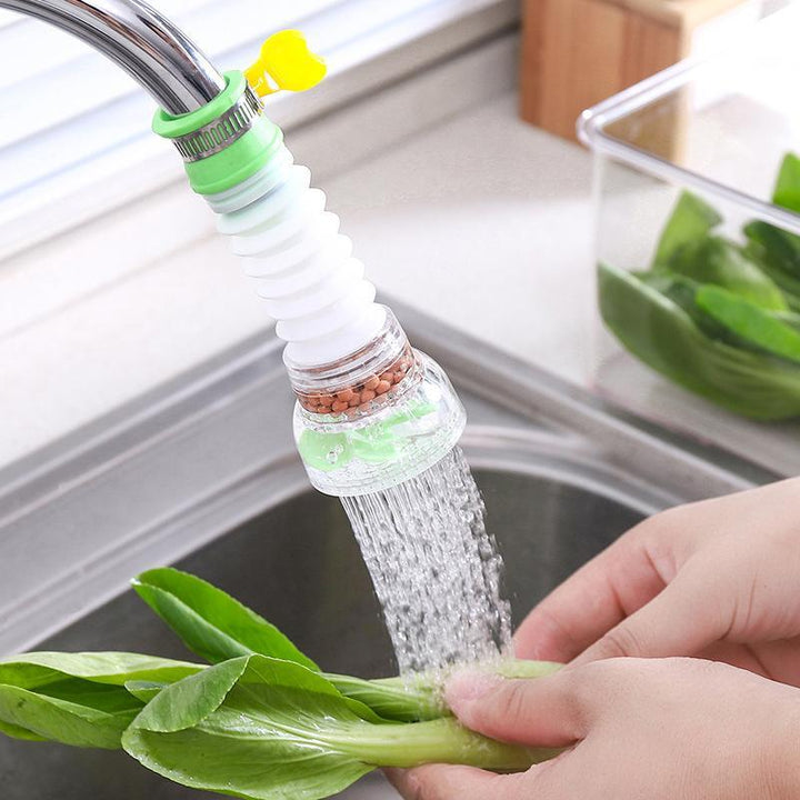 Universal faucet filter attached to a kitchen sink faucet, demonstrating 360 swivel and water saving.