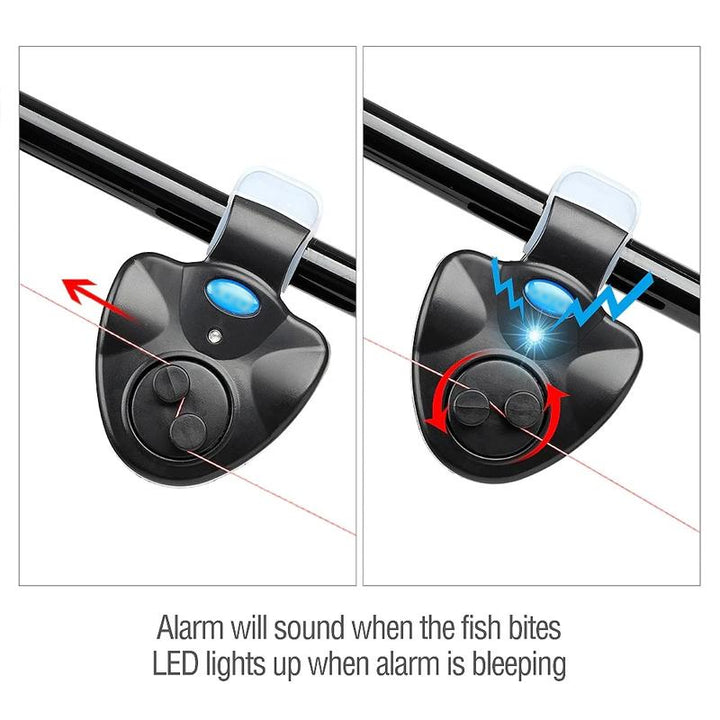 Durable fishing bite alarm for outdoor use, featuring an LED light and audible alert for easy detection.