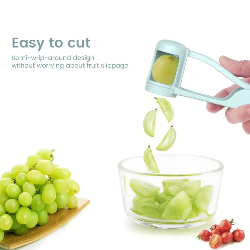 Ergonomic fruit slicer for berries, showing an open view of the blades & fruit placement area