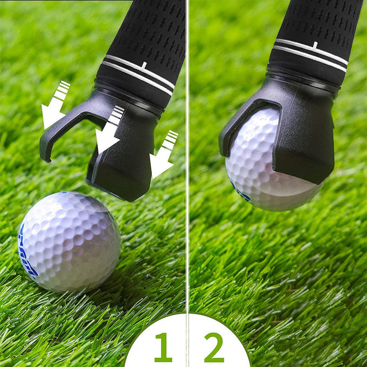 Golf accessory: putter ball picker in action, demonstrating how it picks up a golf ball.