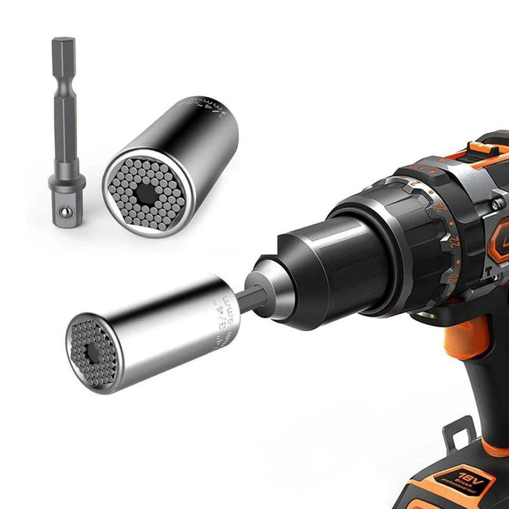 Silver universal socket wrench adapter kit for tightening and loosening various fasteners