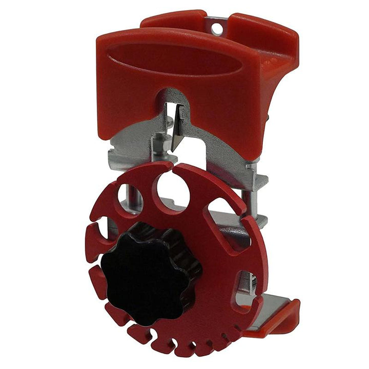 Red and black universal wire stripper tool, compact and handheld for quick electrical wire insulation removal