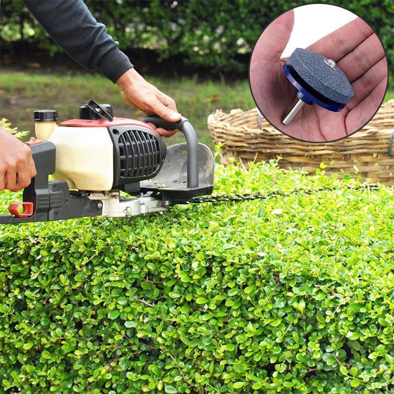Universal tool accessory: lawn mower blade sharpener to maintain garden equipment
