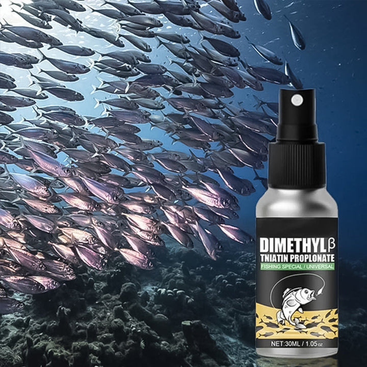 Close-up of Universal Fishing Bait Attractant bottle with a fish species illustration, outdoor gear.
