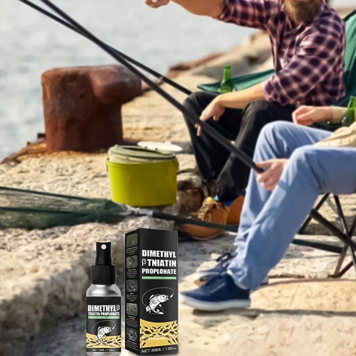 Outdoor shot of Universal Fishing Bait Attractant bottle on a tackle box, essential fishing gear.