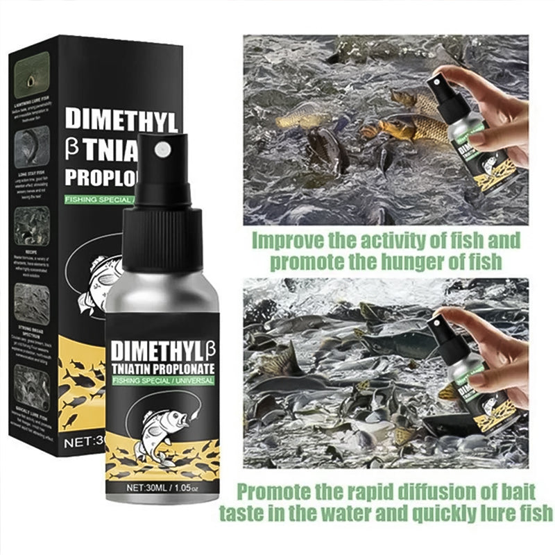 Diagram showing how Universal Fishing Bait Attractant disperses in water, attracting fish.