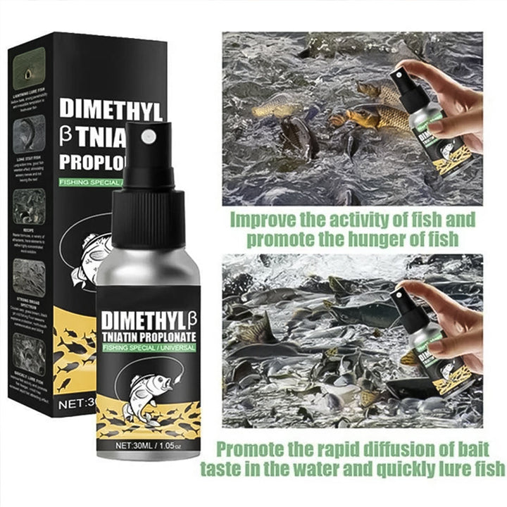 Diagram showing how Universal Fishing Bait Attractant disperses in water, attracting fish.