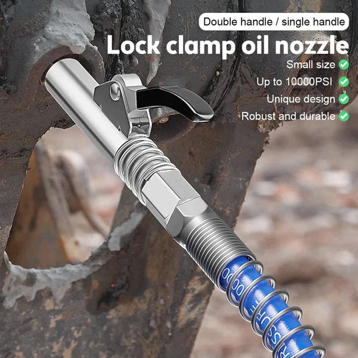Universal Lock-On Grease Gun Coupler attached to a Zerk fitting, showing leak-free connection for lubrication