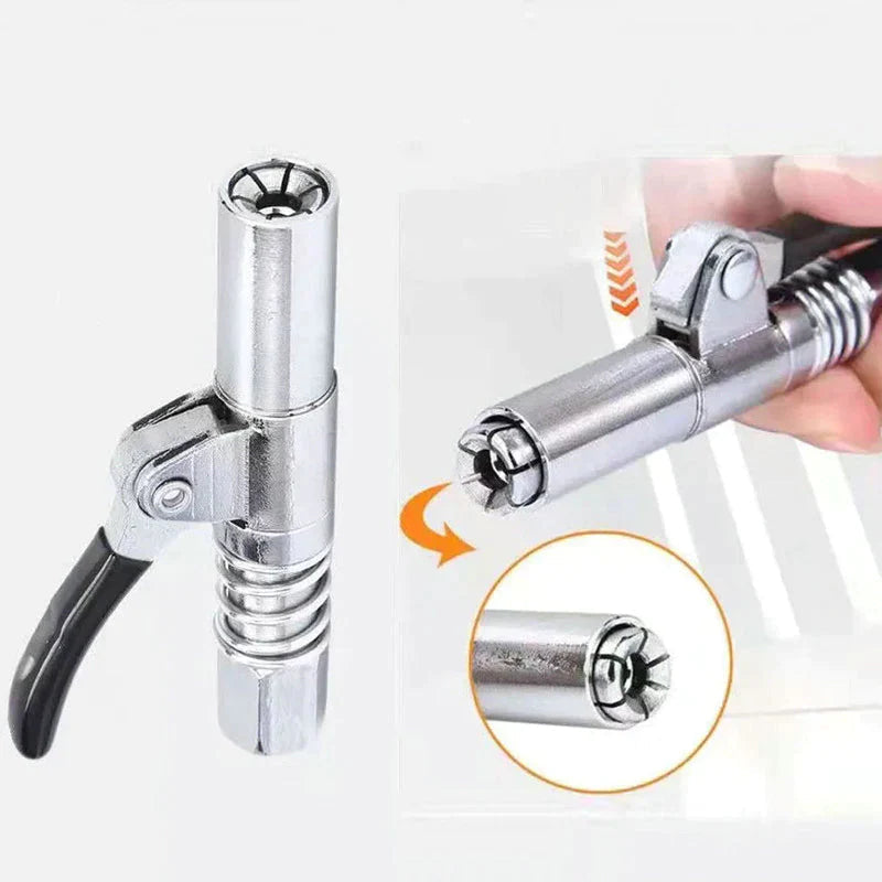 Universal Lock-On Grease Gun Coupler in use, providing a clean and efficient greasing experience