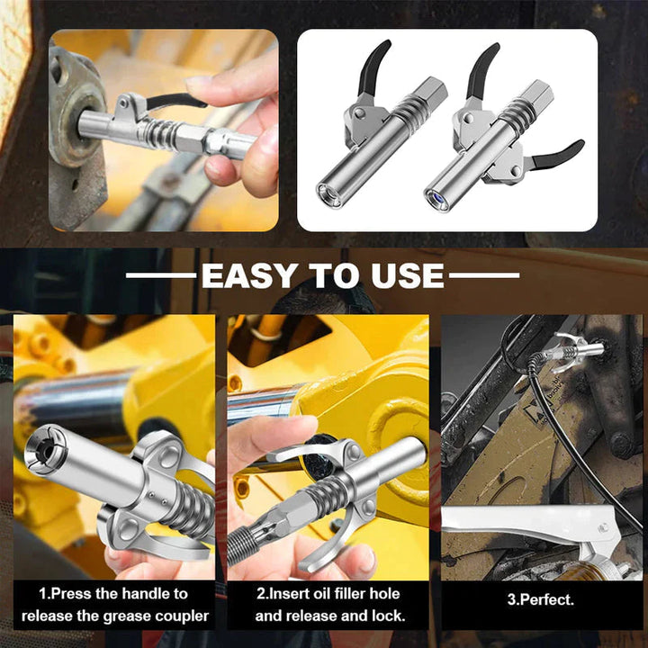 High-quality grease gun coupler, designed for leak-free performance on heavy machinery