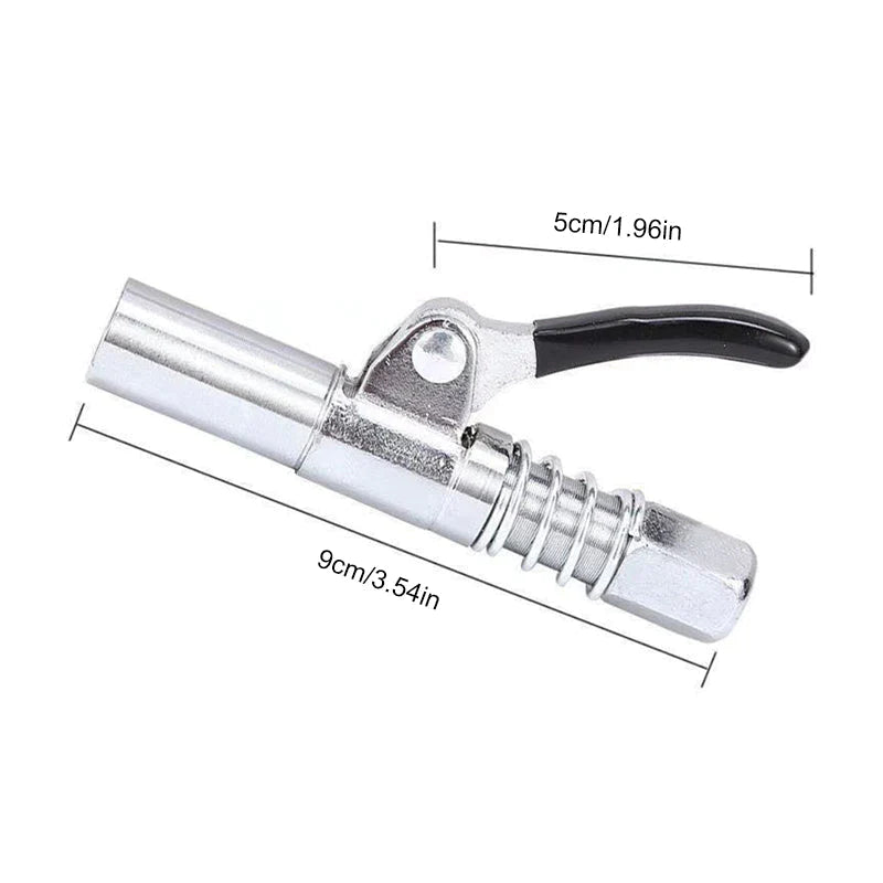 The Universal Lock-On Grease Gun Coupler, showcasing its robust build for long-lasting use
