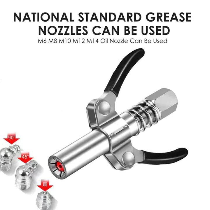 Universal Lock-On Grease Gun Coupler, ensuring secure connection for all types of Zerk fittings