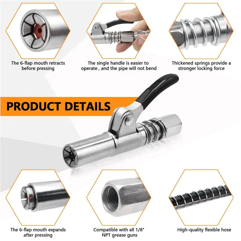 Grease gun with innovative leak-proof coupler for farm equipment maintenance, close-up view