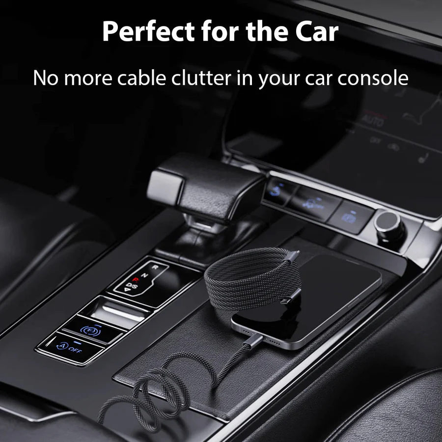 Premium tech accessory: anti-tangle magnetic fast charging cable. USB C & Lightning compatibility.