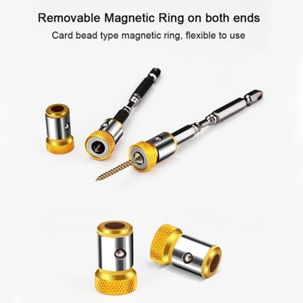 Screwdriver with a magnetic bit ring attached, demonstrating its function as a magnetic holder for wood screws.