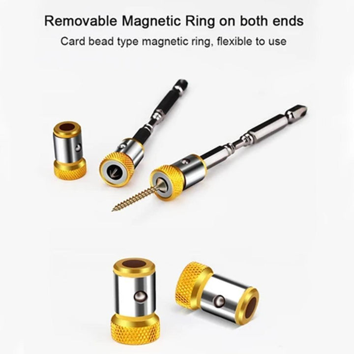 Screwdriver with a magnetic bit ring attached, demonstrating its function as a magnetic holder for wood screws.