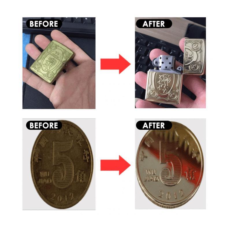 Hand applying Universal Metal Cleaning Paste to a tarnished brass object for surface renovation
