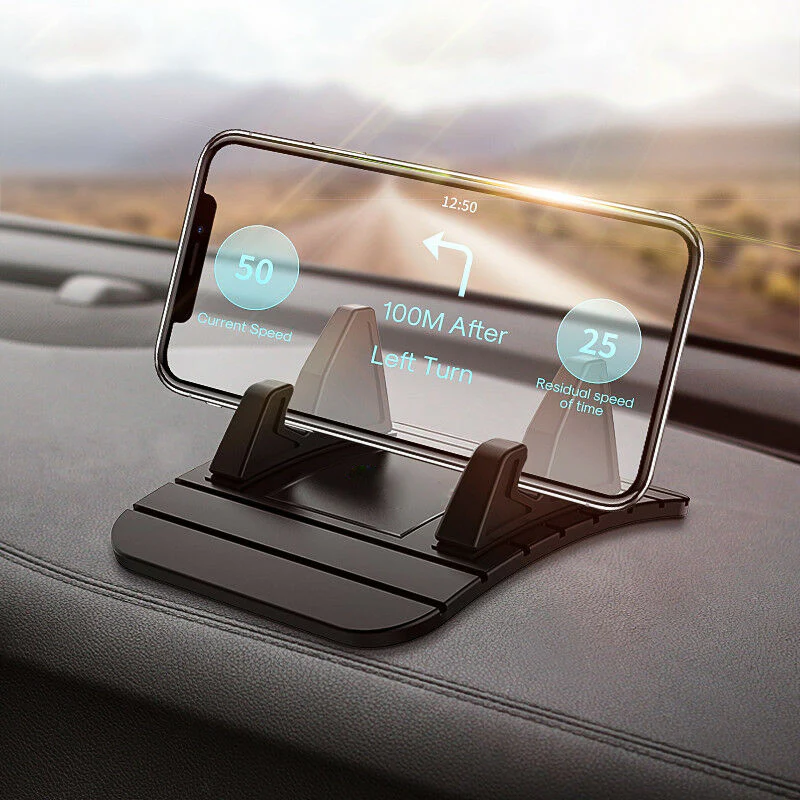 Universal non-slip silicone car phone holder for dashboard. Secure hands-free GPS mount for safe driving.