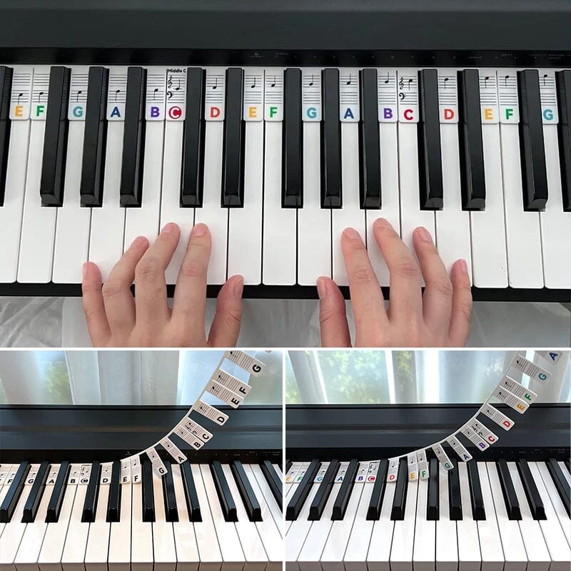Top-down view of a keyboard with Universal Note Labels installed, perfect for new learners