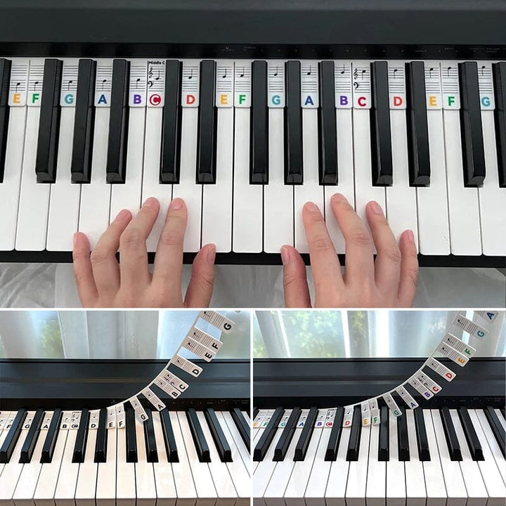 Top-down view of a keyboard with Universal Note Labels installed, perfect for new learners