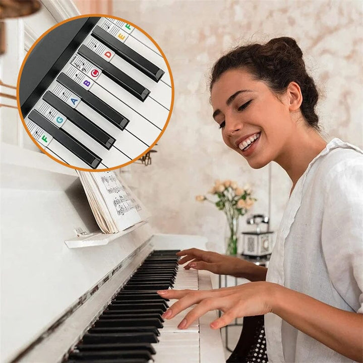 Close-up of piano keyboard with Universal Note Labels, showing note names, ideal for beginners