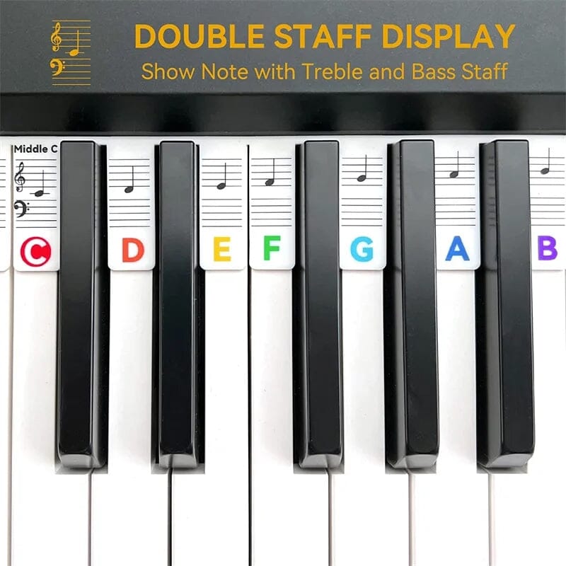 Beginner musician playing piano using Universal Keyboard Note Labels, enhancing music education