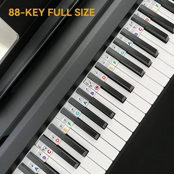 Adult hands demonstrating the use of Universal Piano Keyboard Note Labels for quick learning
