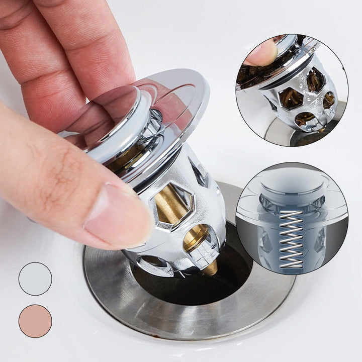Detailed view of the removable anti-clog filter basket inside the Universal Pop-Up Sink Drain Stopper