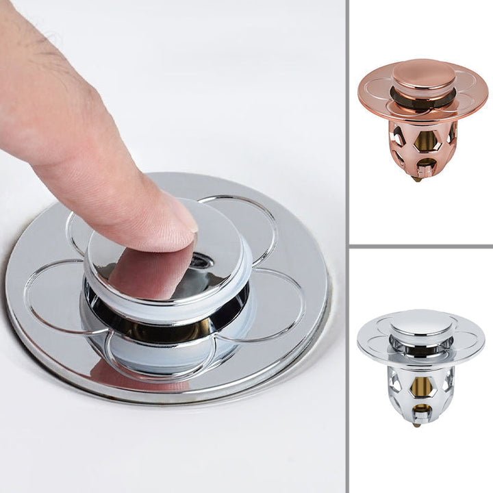 Hand demonstrating the single-push pop-up action of the Universal Sink Drain Stopper, easy use