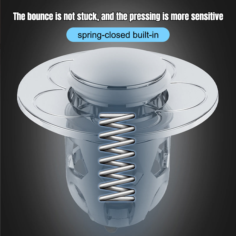 Sink drain stopper in 'open' position, allowing water flow while catching debris, anti-clog design