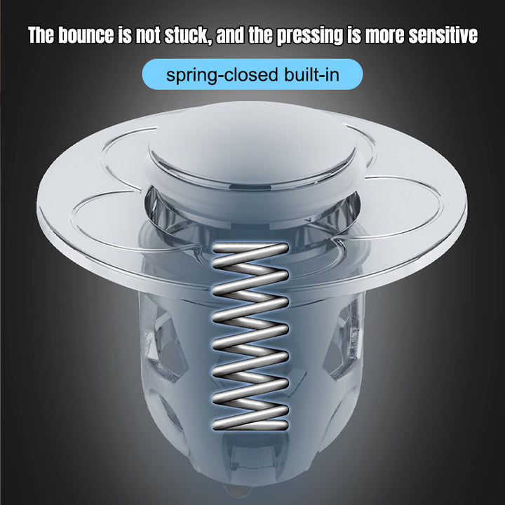Sink drain stopper in 'open' position, allowing water flow while catching debris, anti-clog design