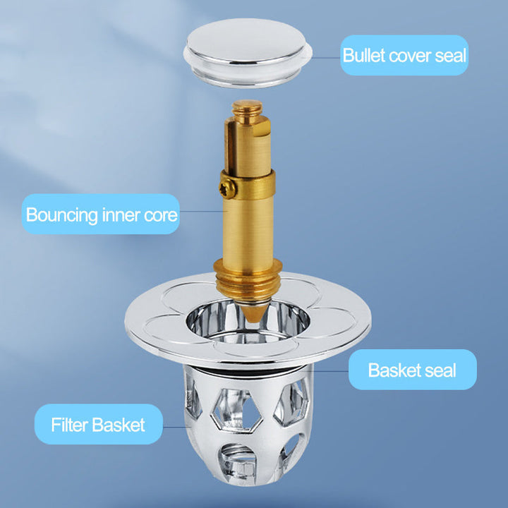 Sink drain stopper in 'closed' position, sealing the drain for water retention, pop-up function