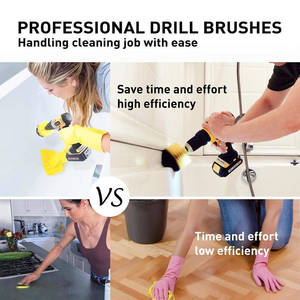Drill with a universal power scrubber brush attached, demonstrating its use for bathroom tile scrubbing.