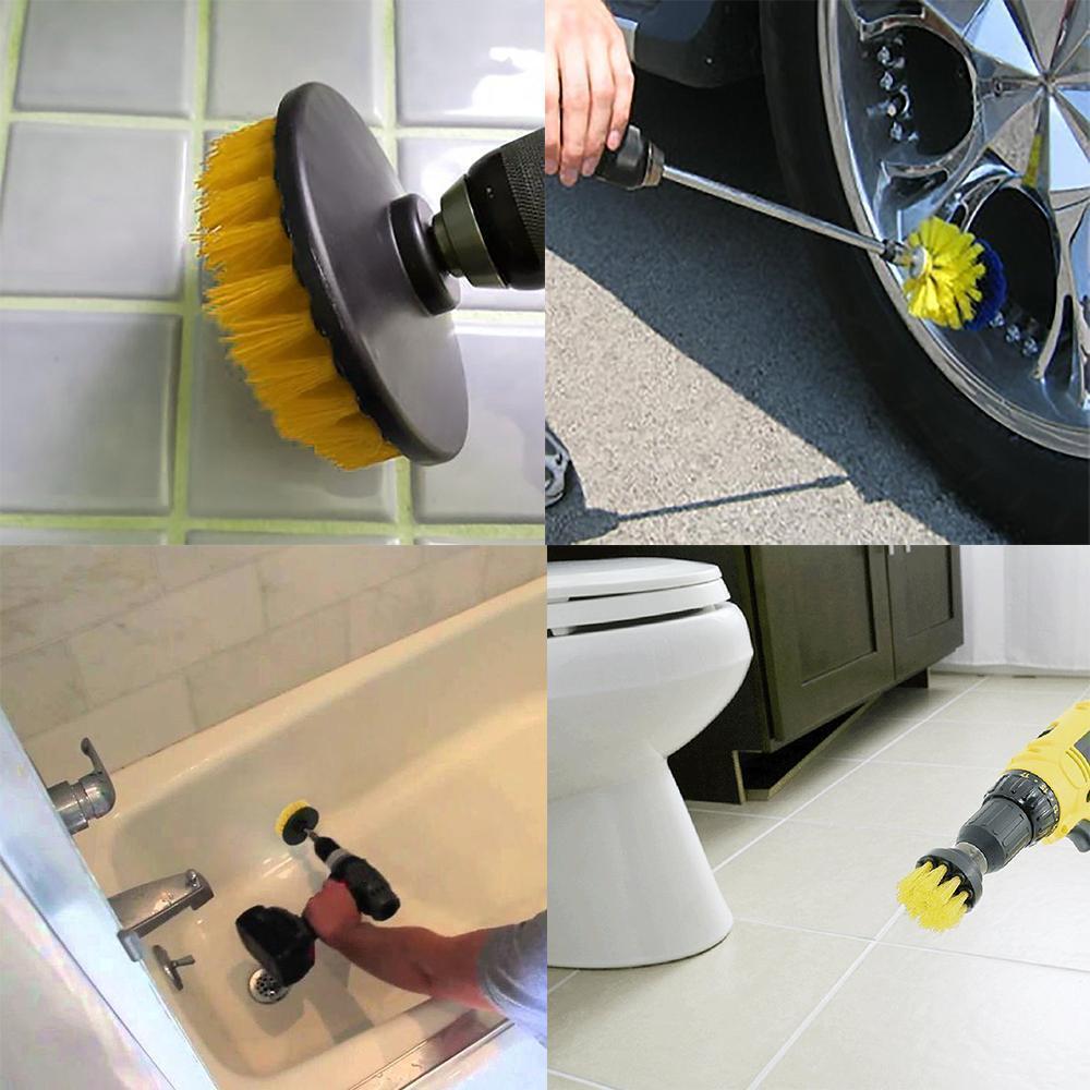 Assortment of power scrubber drill attachments: flat brush, round brush, and detail brush for home cleaning.