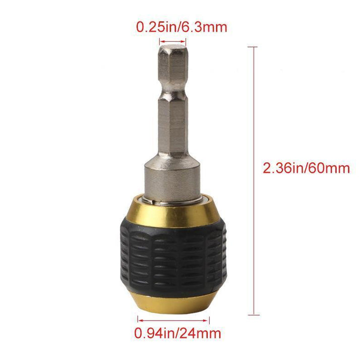 Detail view of Universal Drill Bit Adapter, showcasing its hex shank and quick change mechanism