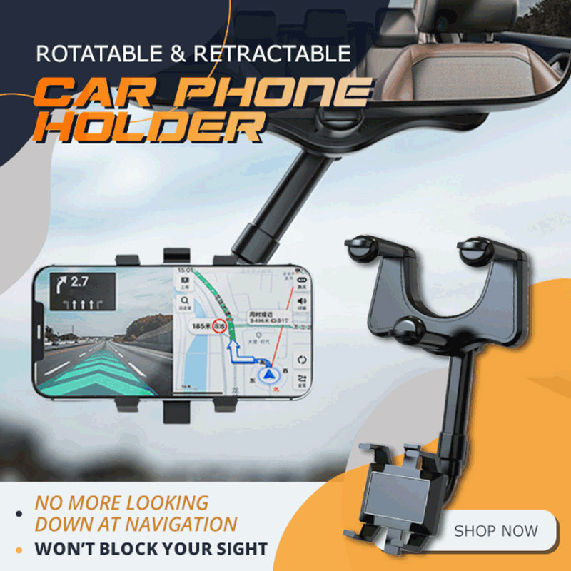 Retractable car phone holder with 360-degree rotatable arm, universal auto accessory for comfortable viewing.