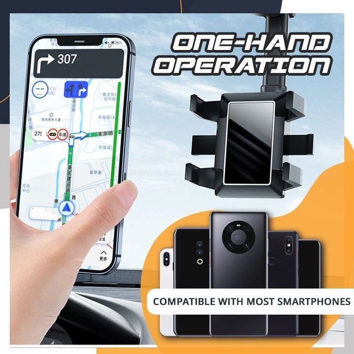 Black universal car phone mount, extendable and retractable arm for versatile dashboard placement in any vehicle.