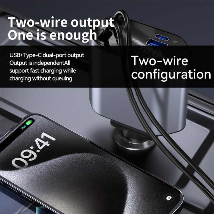Universal Retractable Fast Car Charger with USB-C and Lightning cables, compact automotive accessory
