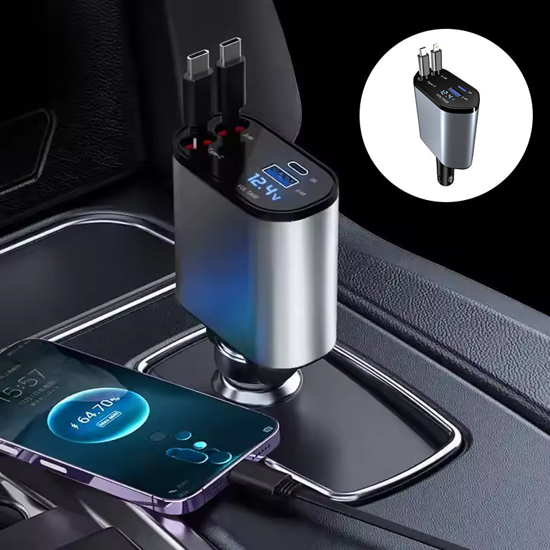 Packaging for Universal Ret retractable Fast Car Charger, highlighting its universal compatibility