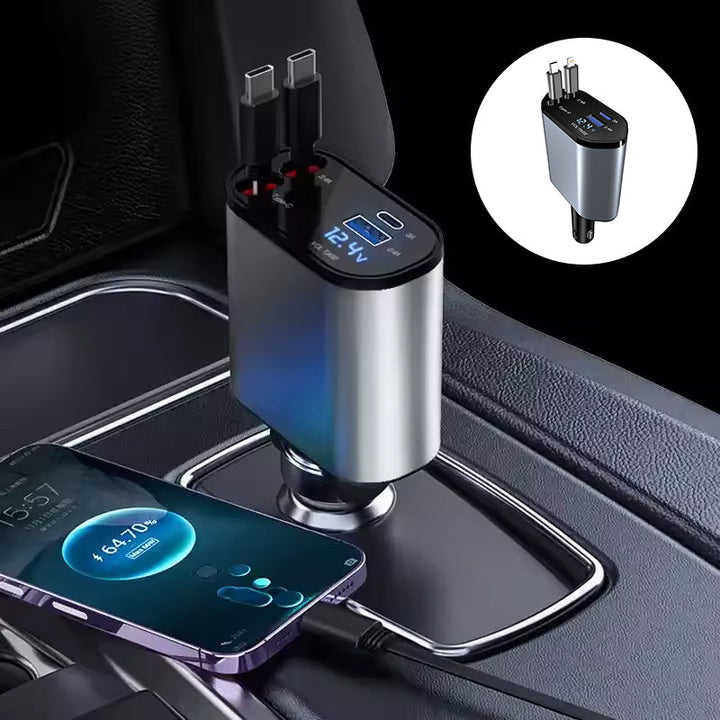 Packaging for Universal Ret retractable Fast Car Charger, highlighting its universal compatibility