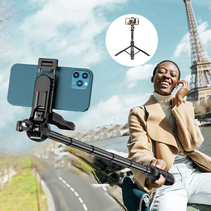 Retractable phone tripod with built-in remote control, great for hands-free selfies